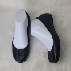 TORY BURCH Minnie Black Pebbled Leather Designer Preppy Travel Ballet Flats  7